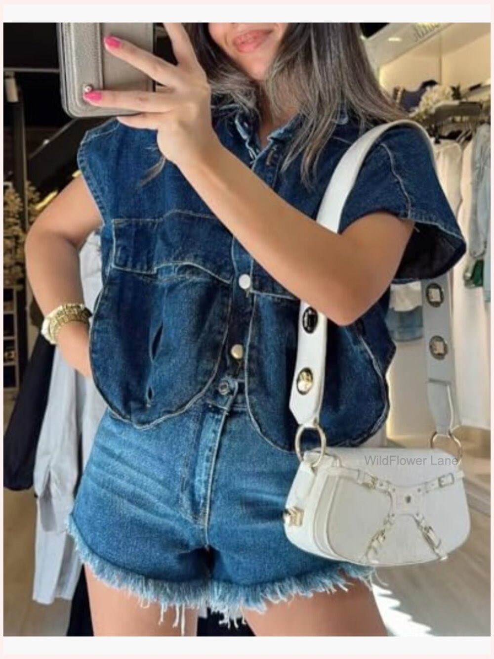 Sleeveless Cropped Denim Button Down Shirt with Pockets - Picture 7 of 7